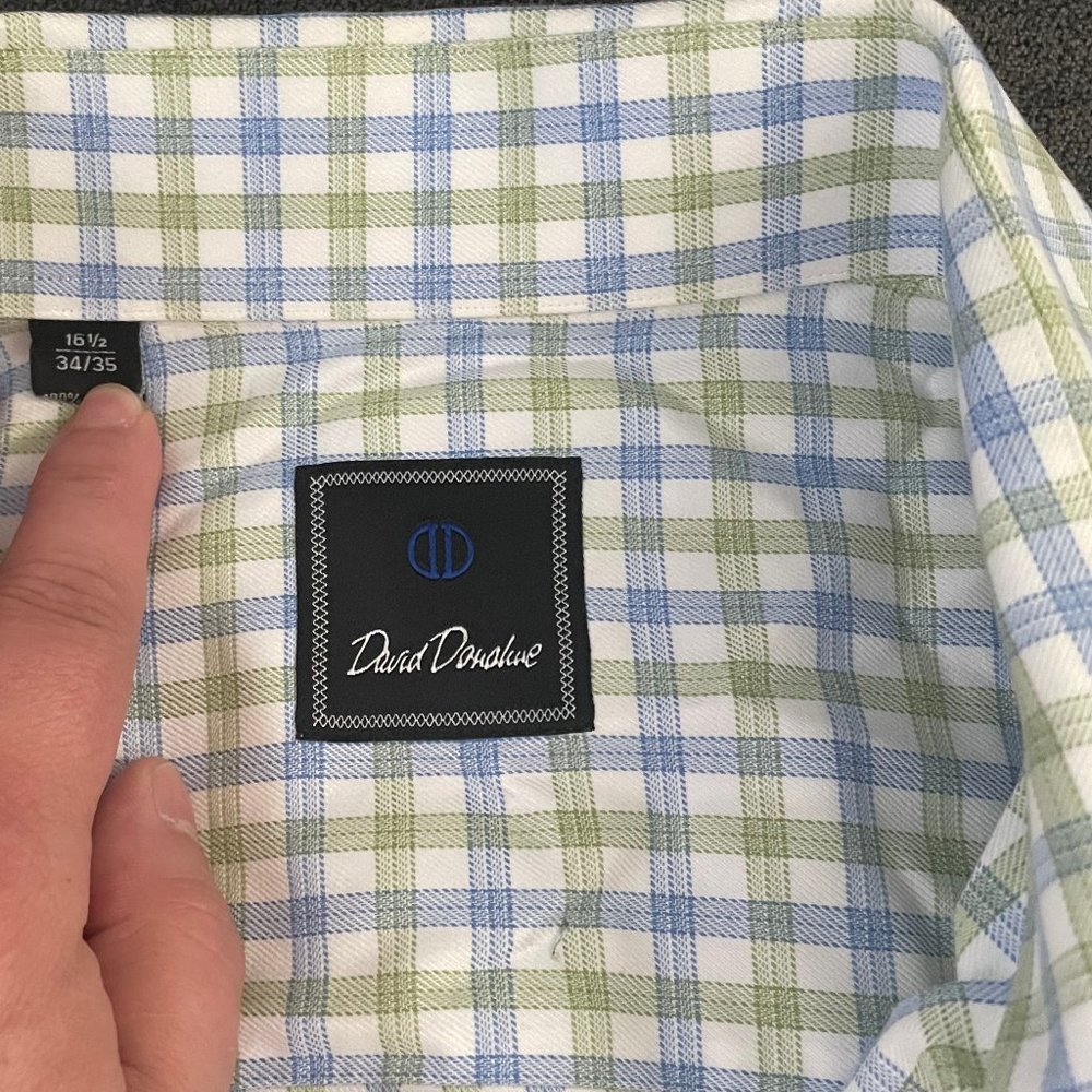 16.5 34/35 Blue/Green/White Long Sleeve David Donahue Shirt